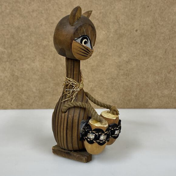 Vintage MCM Wooden Bobblehead Cat Playing Bongo Drums 4.5” Made In Japan - READ - Picture 6 of 9